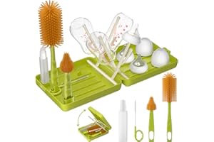 WAYIN Baby Bottle Brush Set – 6-in-1 Travel & Home Bottle Cleaning Kit with Silicone Bottle Brush, Nipple & Straw Brush, Soap Dispenser, Foldable Drying Rack & Storage Case, BPA Free (Green)