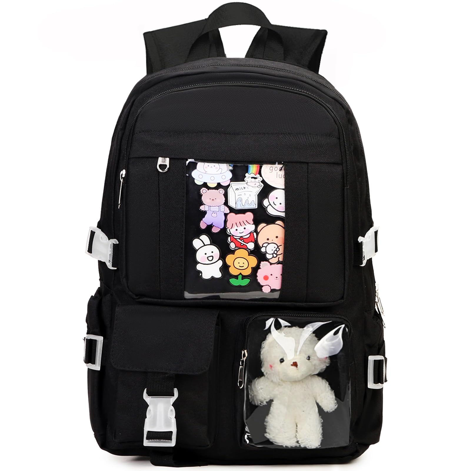 Photo 1 of PRLINJSK Kawaii Backpack for Teen Girls, Cute Aesthetic High Middle School College Bookbag with Accessories, Black