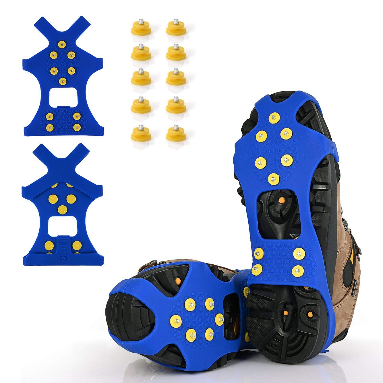 Ice Cleats, Ice Grips Traction Cleats Grippers Non-Slip Over Shoe/Boot Rubber Spikes Crampons with 10 Steel Studs Crampons + 10 Extra Replacement Studs (Small, Blue)