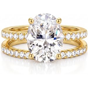AONED 3CT Oval Cut Engagement Travel Rings Set for Women, Waterproof 14K Yellow Gold Plated Sparkle CZ Wedding Ring Band Prom