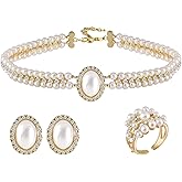 WINSENET Pearl Jewelry Set for Women Faux Pearl Costume Jewelry Set with Necklace, Bracelets, Ring, Earrings for Wedding Bridal Birthday Tea Party