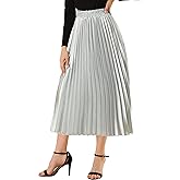 Allegra K Women Pleated Skirt Midi Length Elastic High Waisted A Line Swing Flare Metallic Shirring Party Valentines Skirts