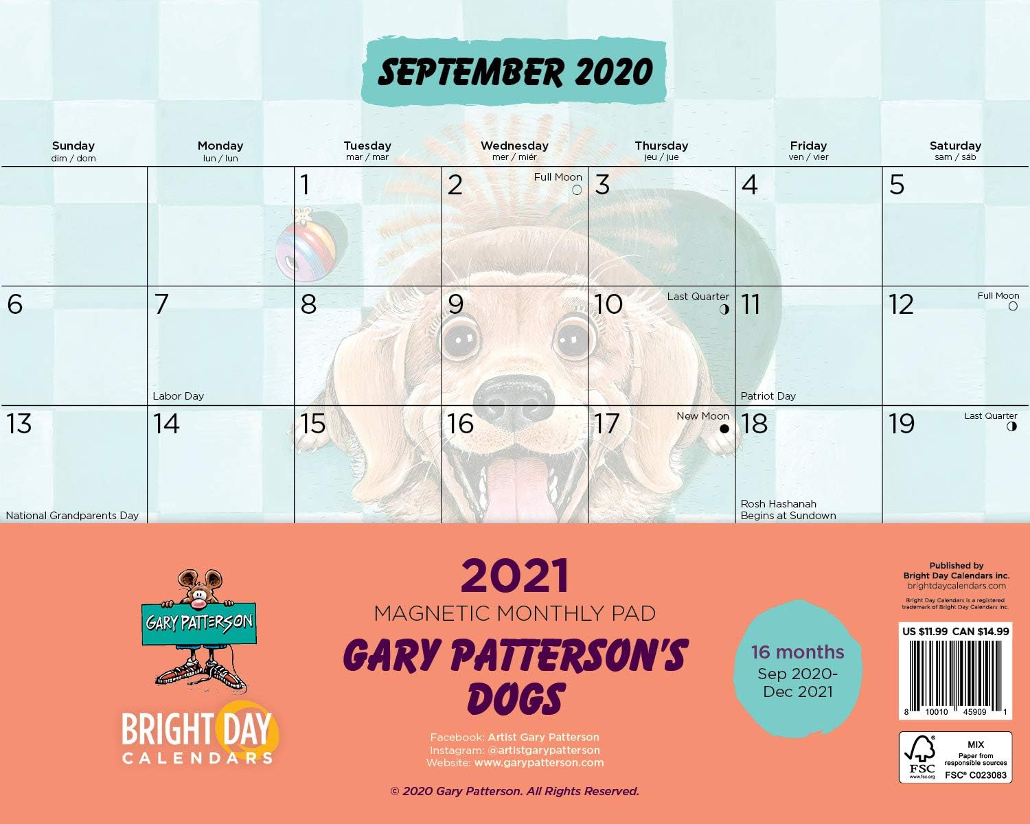 2021 Magnetic Refrigerator Calendar Gary Patterson Wall Calendar Pad by Bright Day, 16 Month 8 x 10 Inch (Dogs)