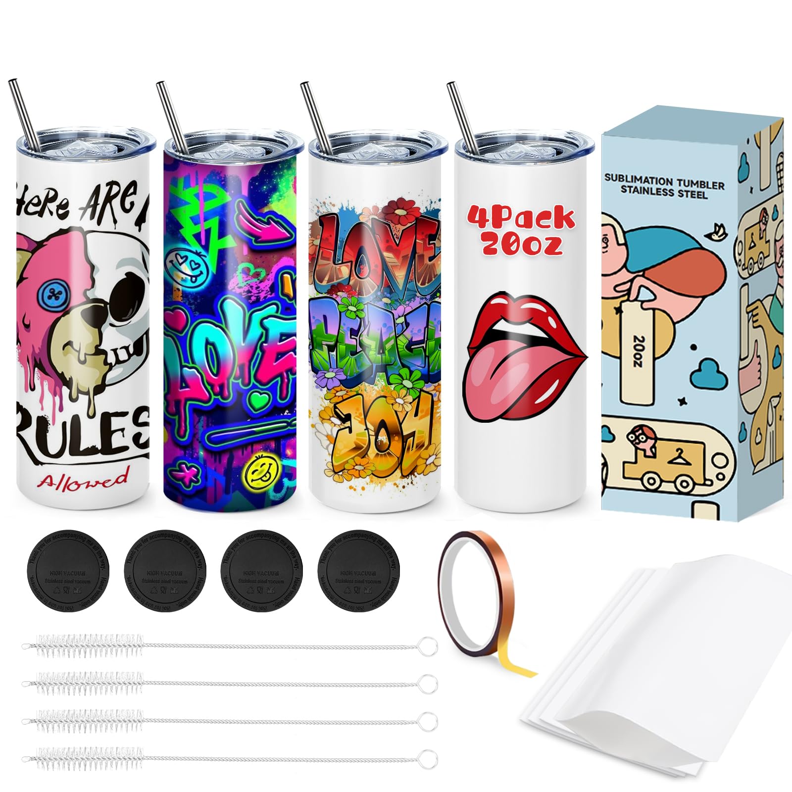 Cafultgo 20OZ Sublimation Cup, Set of 4 Sublimation Blanks Skinny Tumbler 20 OZ White Straight Bulk Stainless Steel Tumbler, with Lid and Straw, Shrink Wrap, Individually Boxed, Blank White（4PCS）