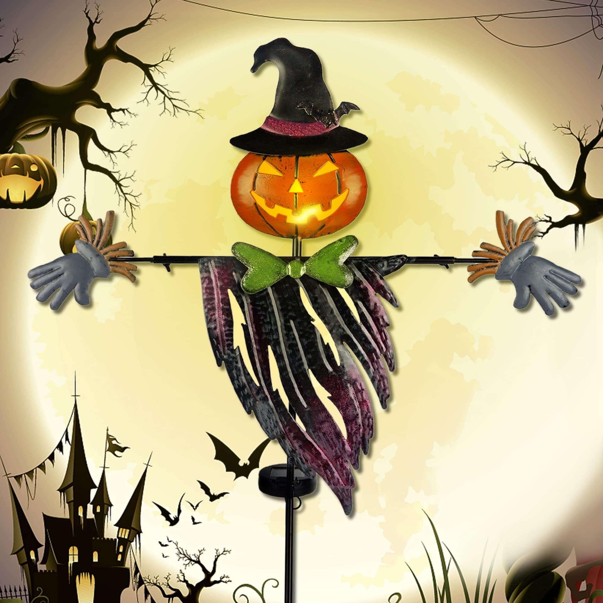 Photo 1 of Ridota Solar Halloween Yard Decorations, Outdoor LED Solar Powered Pumpkin Ghost Stakes Halloween Outdoor Decorations, Metal Garden Stakes Lawn Yard Ornament