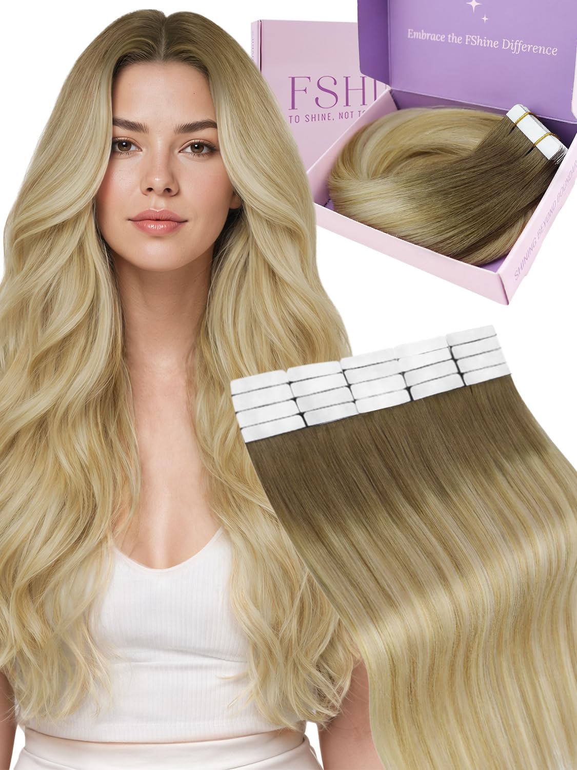 fshine Ombre Tape in Hair Extensions Human Hair 6/27/60 Brown to Honey Blonde And Blonde Tape in Human Hair Extensions PU Tape Hair Extensions 16 Inch 50 Gram 20pcs — image 1
