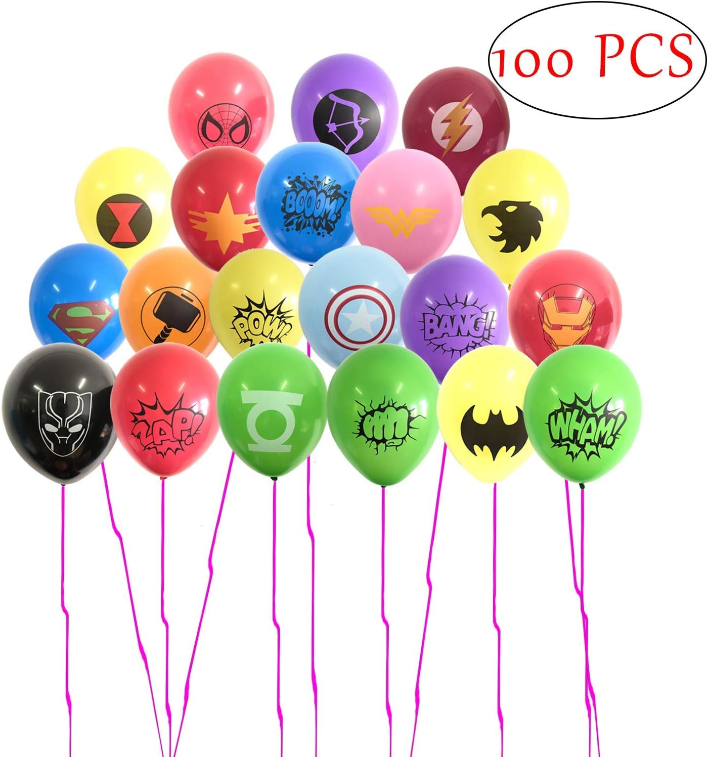 SHANFAA 100 Pack Superhero Balloons,Superhero Party Supplies,Super Hero Themed Birthday Party Favors Decorations,Multicolor Latex Balloons 12 inch 2.8g Thicken(20 Styles)