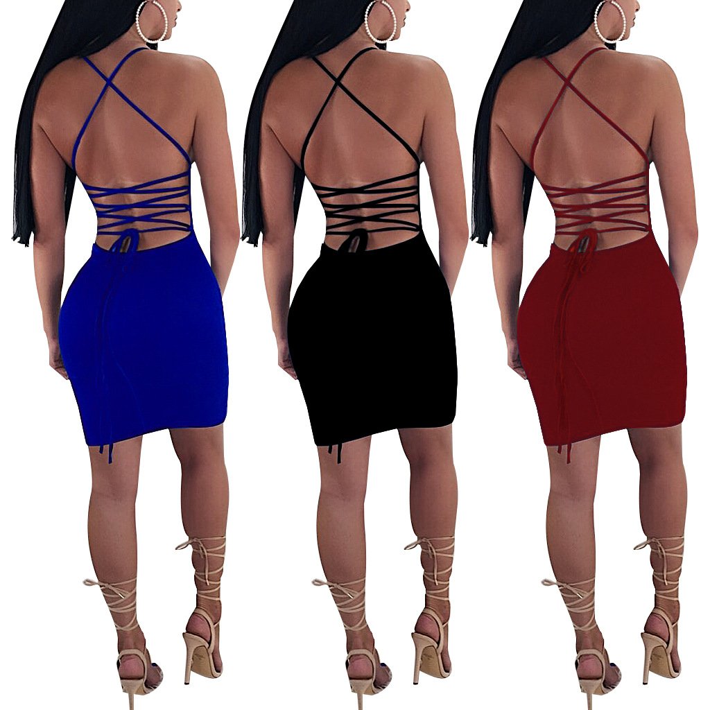 Dreamparis Women\'s Sexy Pearl Beaded Bodycon Dress Spaghetti Strap Sleeveless Backless Bandage Mini Dress Small Wine Red