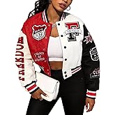 Flygo Women's Cropped Varsity Jacket Baseball Jacket Colorblock Letter Print Y2k Button Down Bomber Uniform