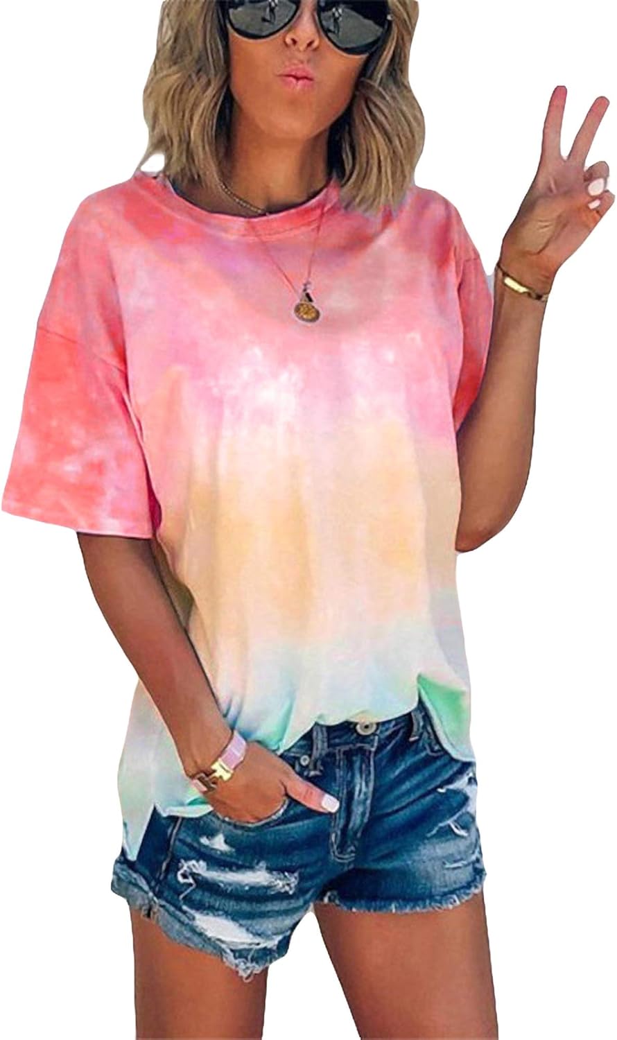 Abtel Womens Short Sleeve Gradient T Shirt Summer Casual Plus Size Color Block Crew Neck Tops