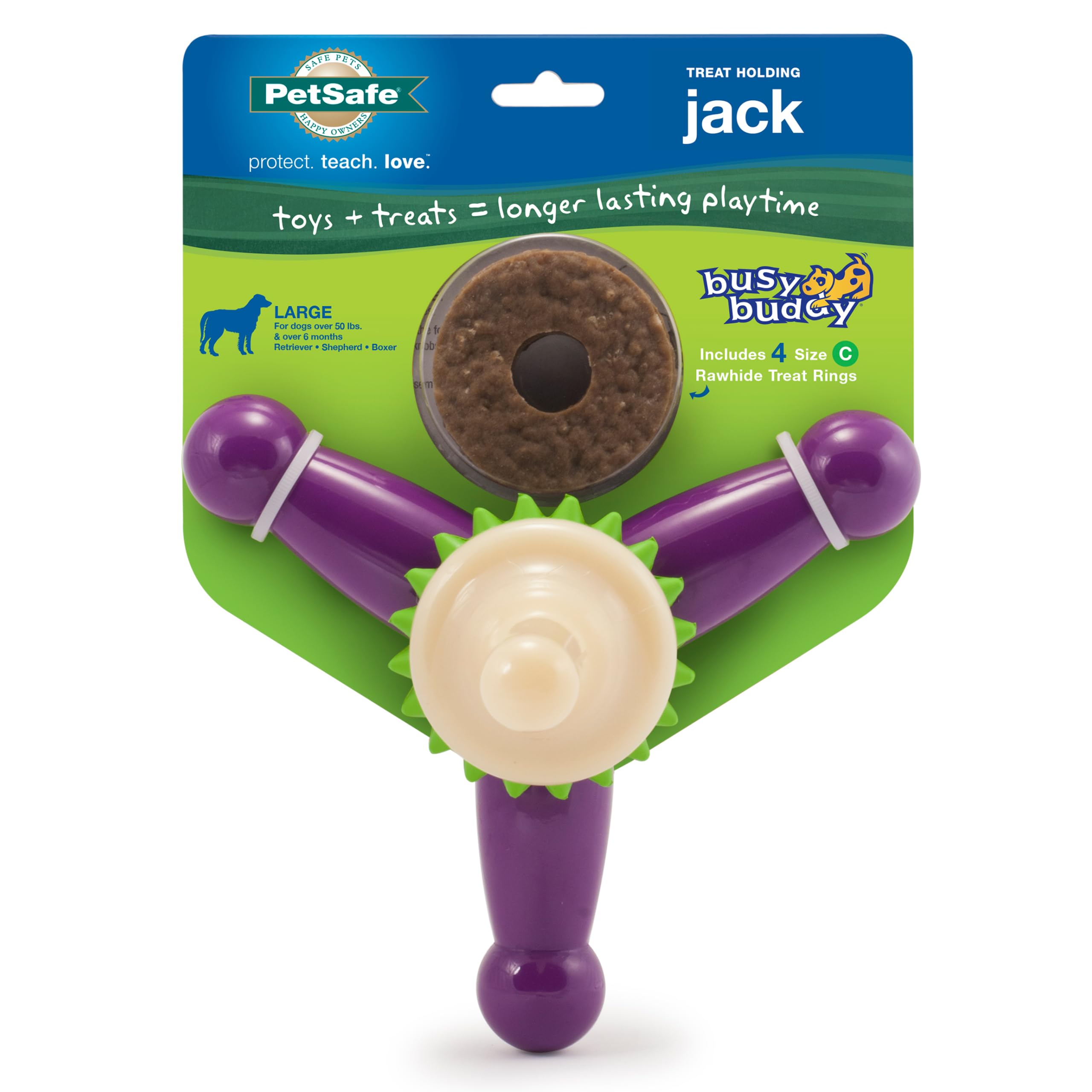 PetSafe Busy Buddy Treat Holding Jack Dog Toy – Strong Chewers - Challenging - Treat Rings Included - Large