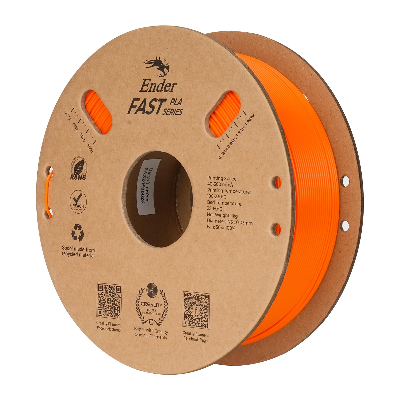 Photo 1 of Creality High Speed PLA Filament 1.75mm, 3D Printer Filament for 300mm/s 3D Printing, Rapid PLA Dimensional Accuracy +/- 0.02 mm 1Kg Cardboard Spool(2.2lbs) for FDM 3D Printers (Orange)