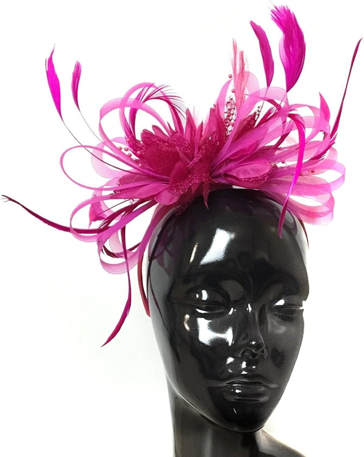 Caprilite Feather Hair Fascinator Headband Wedding and Royal Ascot Races Ladies, M, Fuchsia Hot Pink - Image 3