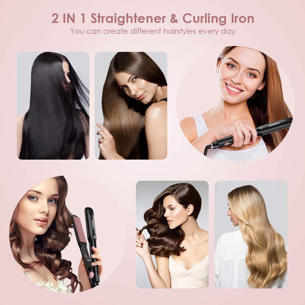 Hair Straightener Flat Iron, 2 in 1 Straightener and Curler, JOMARTO Hair Straightening Iron with Ceramic Plate, LCD Display and Adjustable Temperature, Heats Up Fast, Suitable for All Hair Types: Health & Personal Care