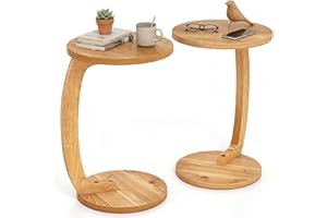 Giantex C-Shaped Round Side Table Set of 2, 24" Solid Teak Wood Bedside Couch Sofa End Tables w/Thickened Top & Sturdy Base, 