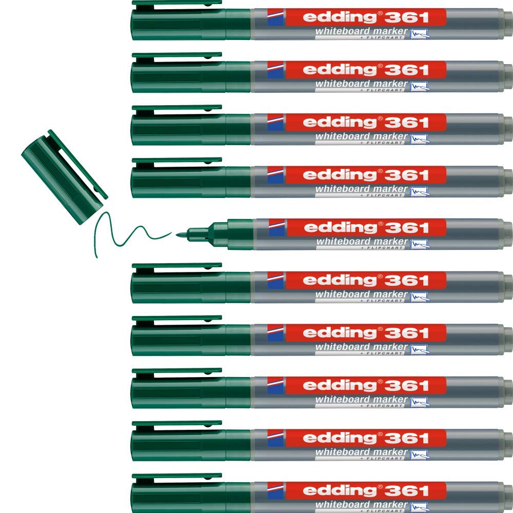 edding 361 whiteboard marker - green - 10 whiteboard pens - round tip 1 mm - whiteboard pen dry wipe - for whiteboards, flipcharts, pinboards, magnetic and memo boards - sketchnotes - refillable โ image 1