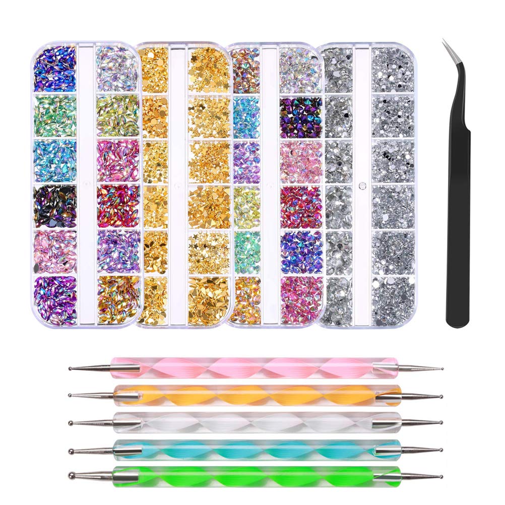 FOCCTS Rhinestones Nail Gems for Nail Art, 4 Boxes Nail Diamonds Supplies Multicolor Nail Studs Horse Eye Rhinestones for Nail Decorations with 5 Pcs Pick Up Pencils & 1 Tweezer