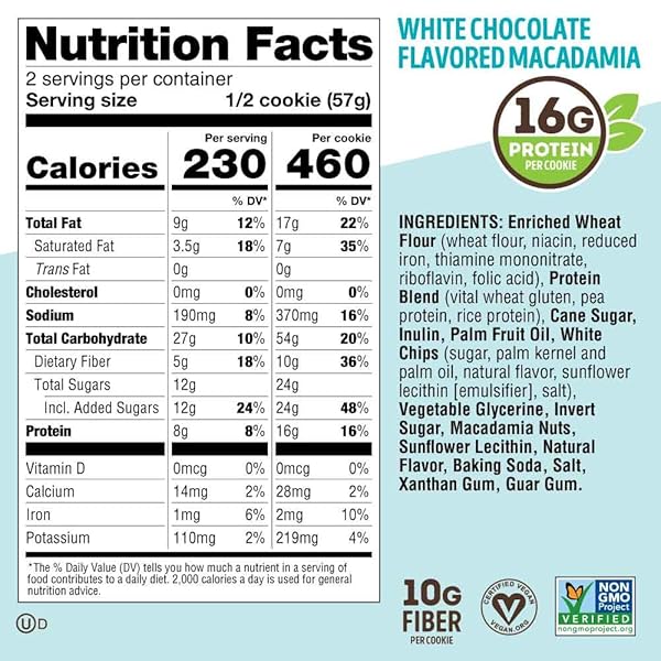 LENNY & LARRY’S PROTEIN COOKIE, [WHITE CHOCOLATE FLAVORED MACADAMIA], CHEWY SOFT BAKED, 16G PLANT PROTEIN, VEGAN, NON-GMO, HIGH FIBER, 4 OUNCE COOKIE (PACK OF 12)