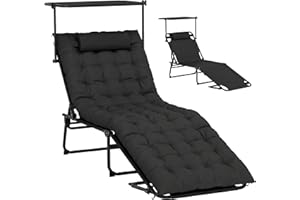 Outsunny Folding Chaise Lounge Chair with Cushion and Adjustable Sun Shade, 4-Position Adjustable Outdoor Lounge Chair with H