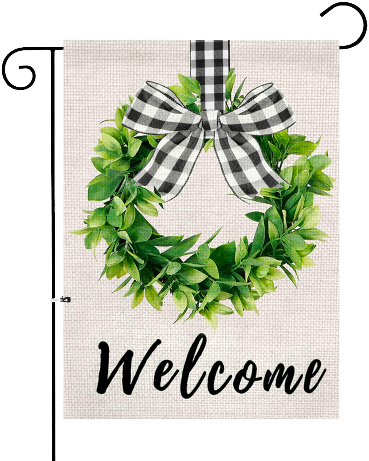 XIFAN Welcome Garden Flag Heavyweight Burlap Boxwood Wreath Flag Double Sided Buffalo Plaid Bow Small 12.5 x 18 Inch Spring Yard Farmhouse Outdoor Decoration (Flagpole Included)