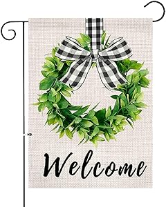 XIFAN Welcome Garden Flag Heavyweight Burlap Boxwood Wreath Flag Double Sided Buffalo Plaid Bow Small 12.5 x 18 Inch Spring Yard Farmhouse Outdoor Decoration (Flagpole Included)