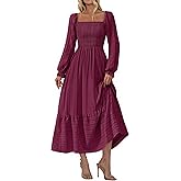 BTFBM Women Maxi Spring Dresses 2026 Long Sleeve Solid Color Square Neck Smocked Boho Long Wedding Guest Dress