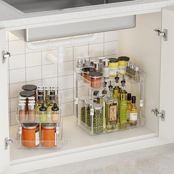 XICENNEGO ROTATING ADJUSTABLE STORAGE RACK – 2-TIER MULTI-PURPOSE BATHROOM UNDER SINK ORGANIZERS AND STORAGE – SPACE-SAVING ORGANIZER FOR UNDER SINK, KITCHEN, BATHROOM, VANITY AND FRIDGE(1 PACK)