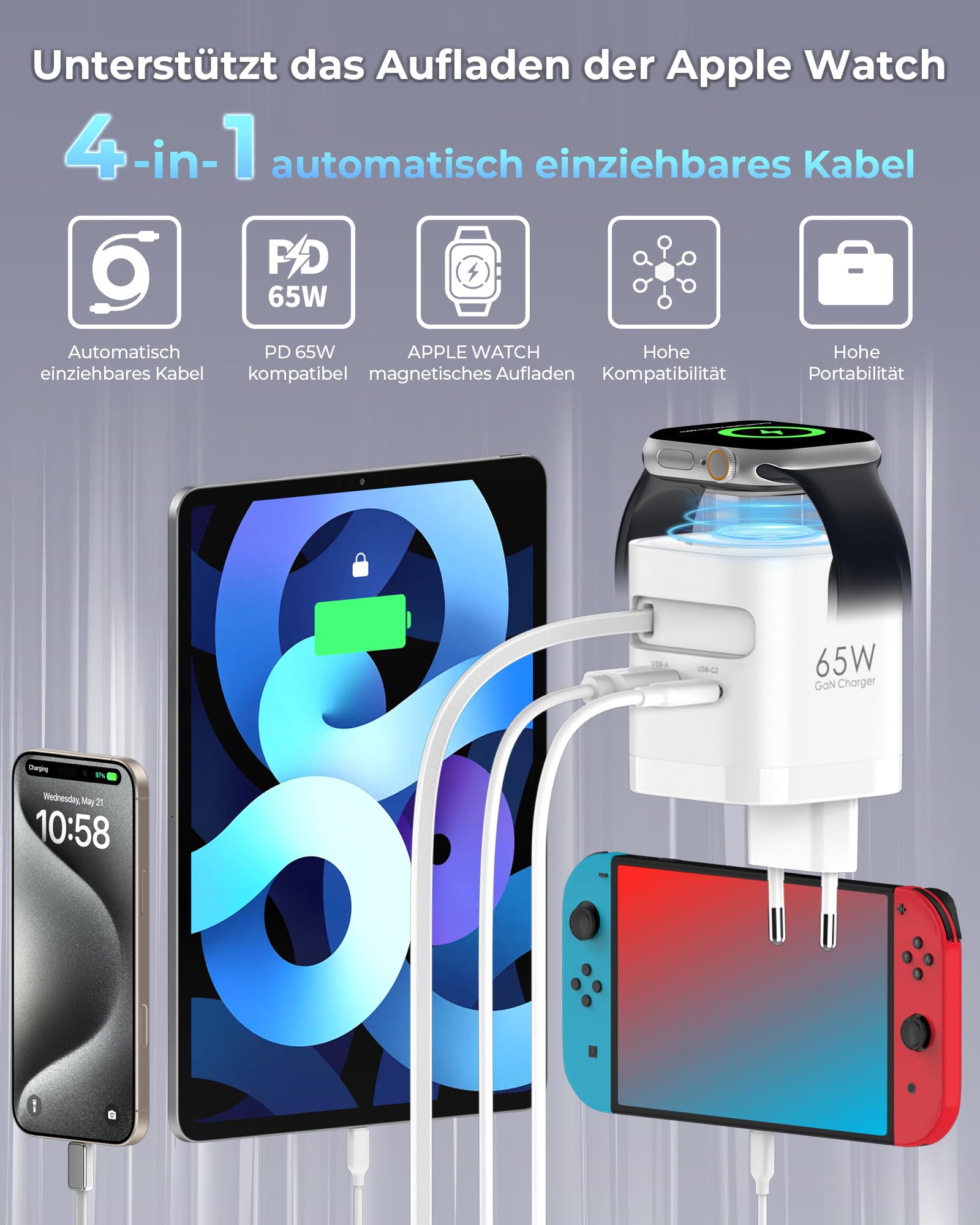 Einziehbares 65W USB C ladegerät mit Kabeln für Apple Watch, 4-Port GaN USB C Ladegerät Netzteil mit Schnellladekabel für Apple Watch Ultra/11/10/9/8/7 Serie, MacBook Serie, iPhone, iPad, Galaxy. Weiß 2