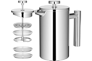 Miuly French Press Coffee Maker 1500ml/50oz large insulated cafetiere Double-Wall Insulated Stainless Steel 3 Level Filtration System French Press for Home, Camping and Office, Silver