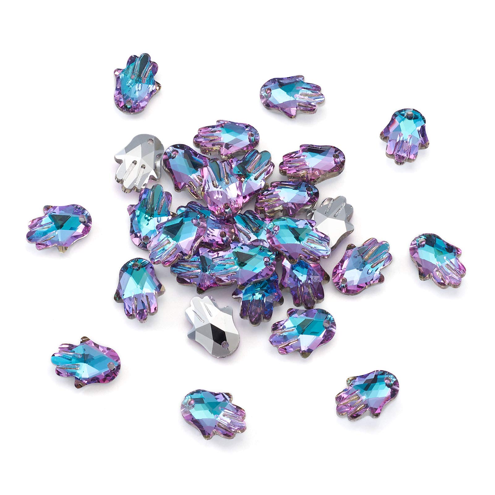 Beadthoven 30pcs Faceted Hamsa Hand Glass Charms Hand of Fatima Top Drill Crystal Hanging Pendants Amethyst Gradient with Silver Back for Necklace Jewelry Making