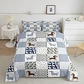Feelyou Cartoon Dachshund Bedding Set Cute Puppy Dog Comforter Set Geometric Plaid Sausage Dog Comforter for Boys Girls Children Teens Dog Animal Blue Duvet Set Twin Size Quilt Set
