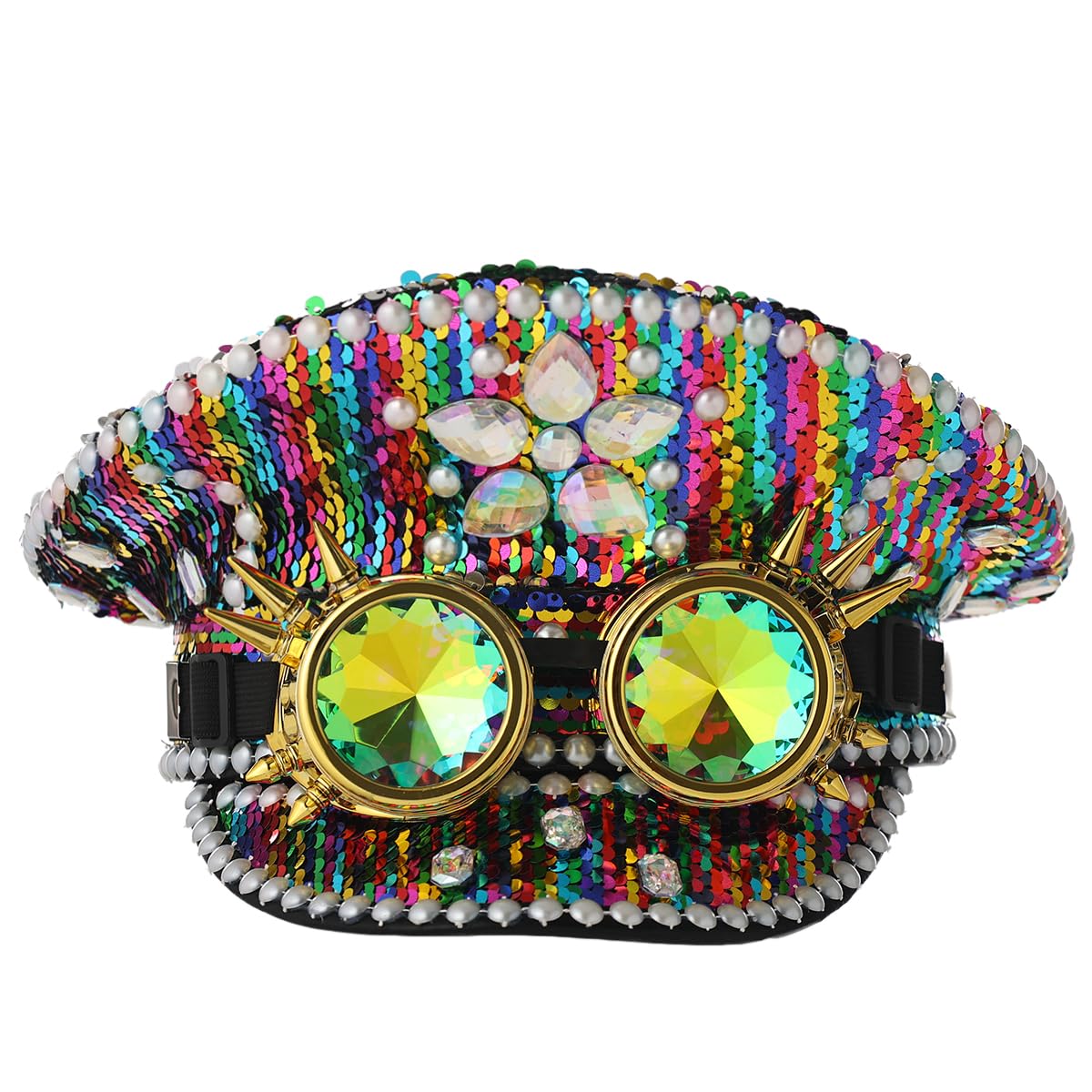 COSDREAMER Men's Steampunk Top Hats Sequin Goggles Military Cap Punk Halloween Classic Army Military Cap (Gold 1) (Rainbow Diamond)