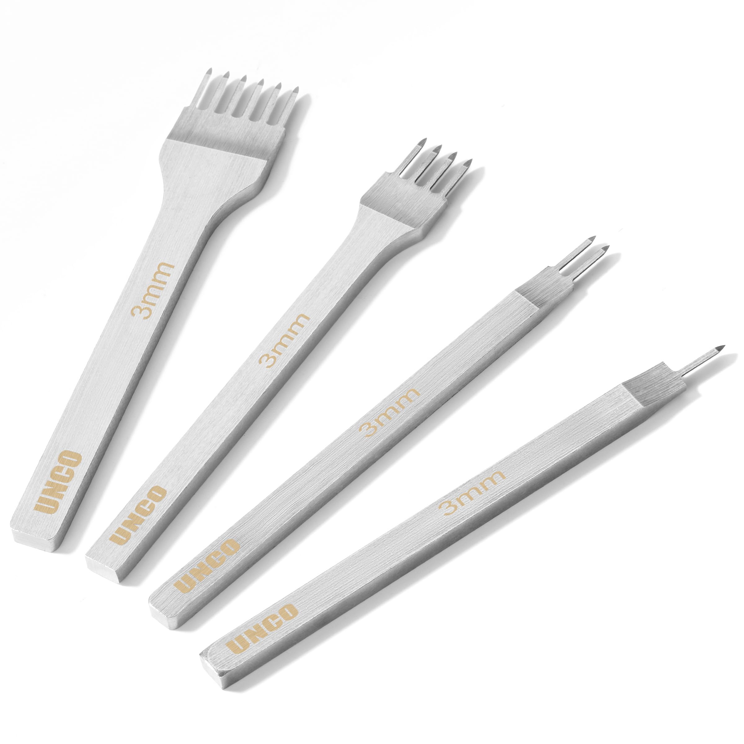 UNCO- Leather Stitching Punch, 4 Pack, 3mm, 1/2/4/6 Prong, Leather Hole Punch Tool, Stitching Chisel