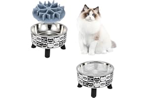 IKIKICUBEE 2PCS Elevated Cat Bowls with Slow Feeder, Wide Raised Stainless Steel Cat Dishes Plastic Stand Silicone Slow Food Dispenser, Whisker Friendly Pet Water Food Plates Feeding Station Indoor Cats, Kitten