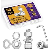 80PCS M3 Metric Screws Bolts and Nuts Assortment Kit, M3 x 12mm Metric Kits, 304 Stainless Steel Hex Socket Head Cap Screws with Lock &amp; Flat Washers with 1 Allen Wrench for 3D Printing Projects