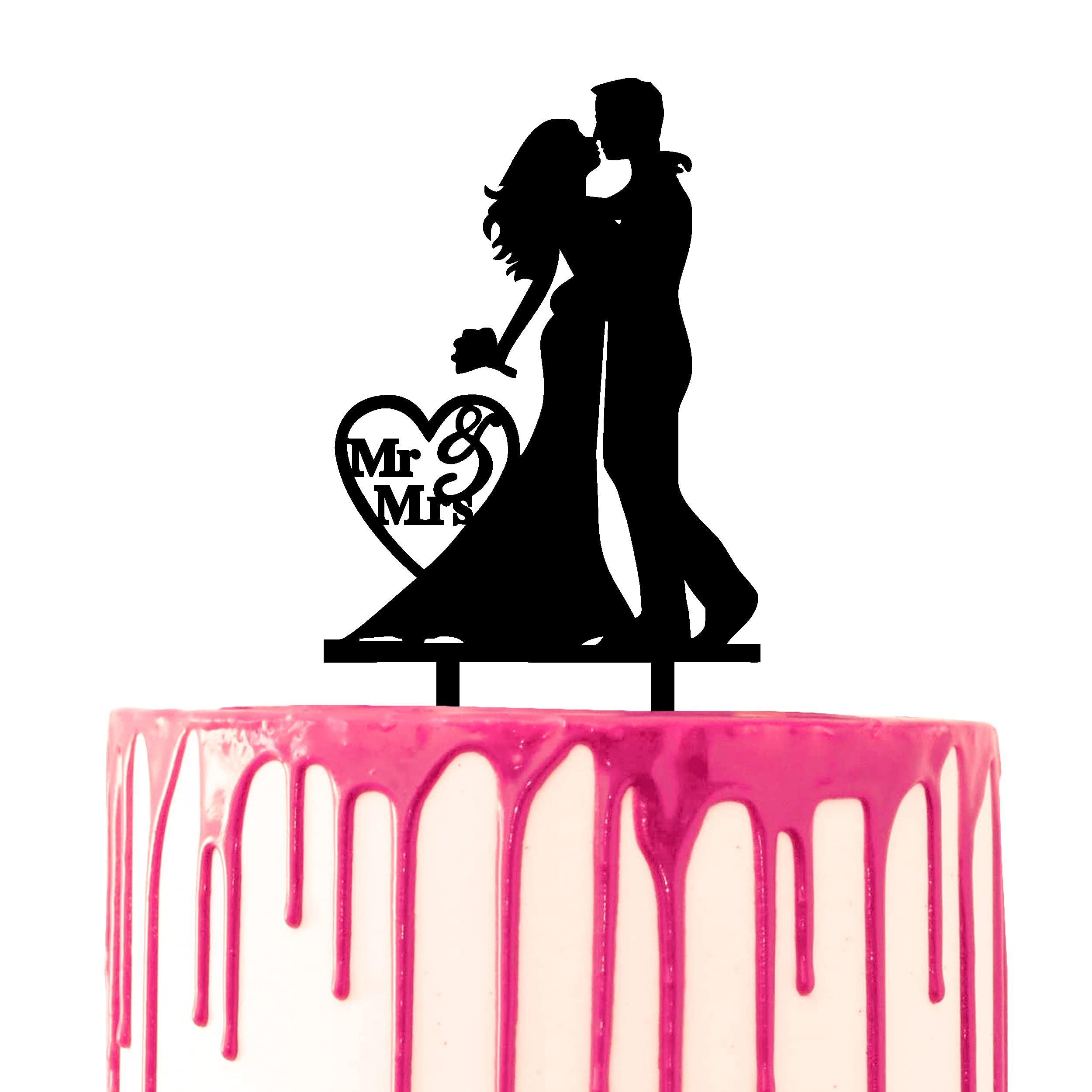 CARISPIBET wedding cake topper groom and bride hugging with a heart and Mr & Mrs written inside acrylic