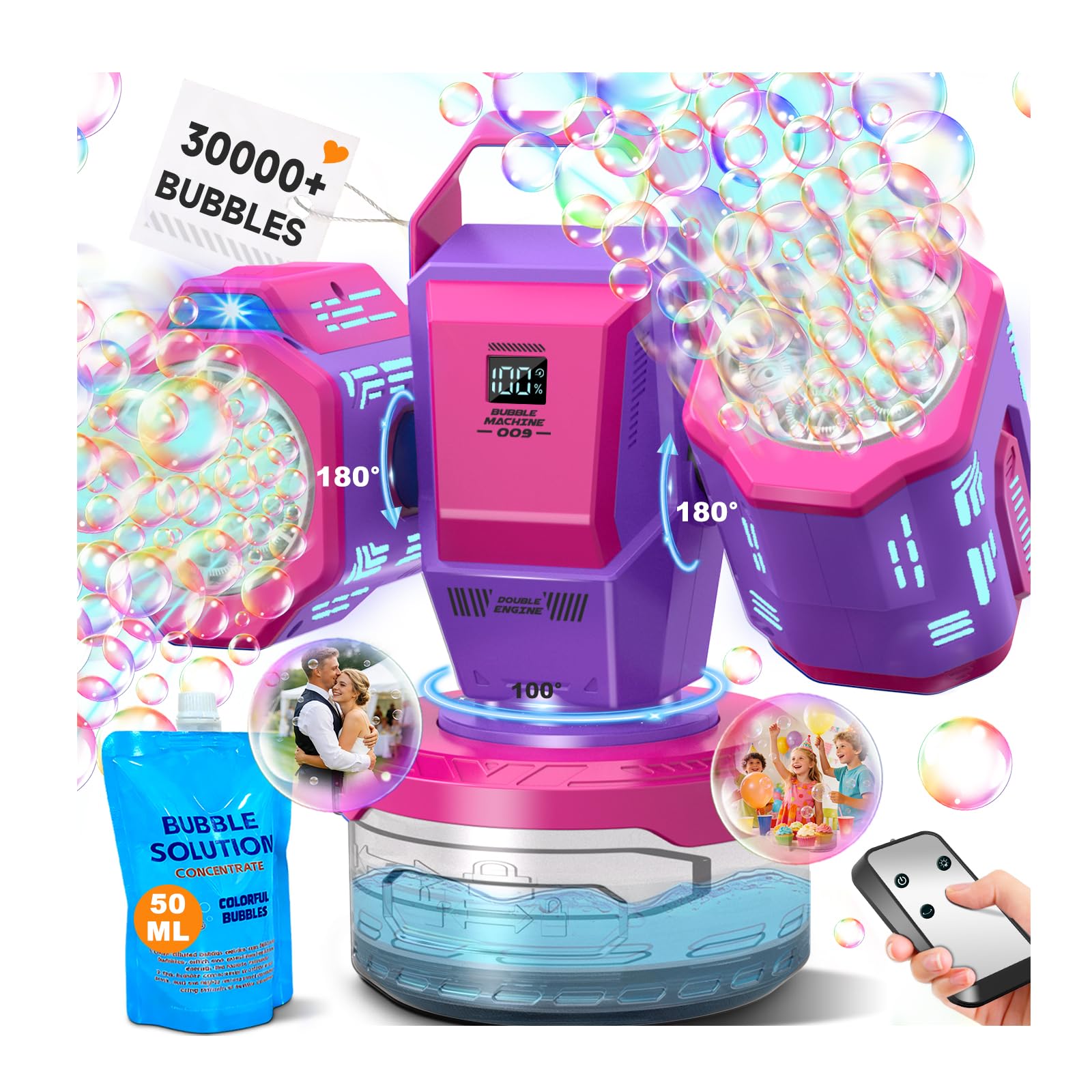 Rechargeable Bubble Machine with RGB Lights: 30,000 Bubbles/Min Storm, Auto 360° Rotation, Battery% Display - Remote Control Bubble Maker for Romantic Wedding, Kids Party & Outdoor Events