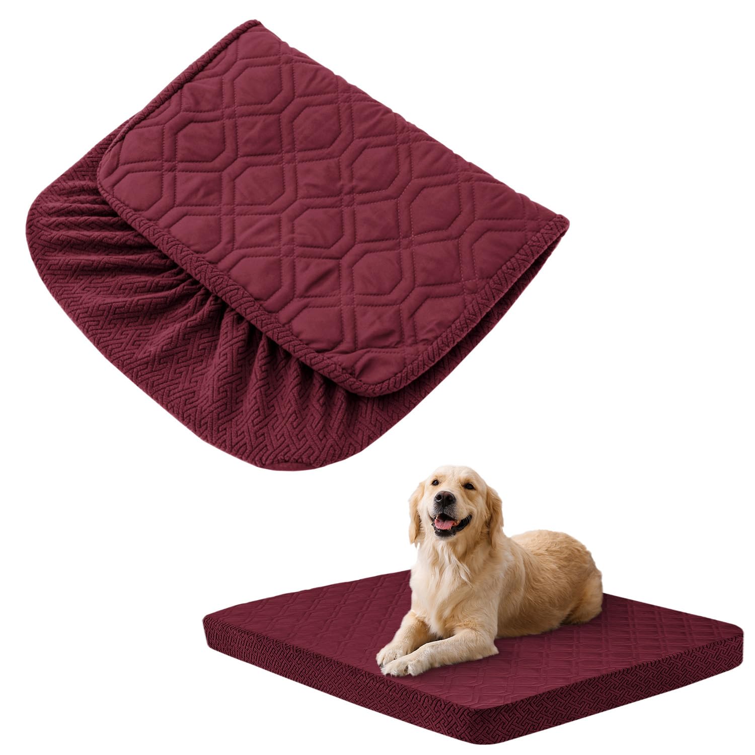 Photo 1 of Dog Bed Covers Only - Waterproof Dog Bed Covers Quilted, Replacement Washable Pet Puppy Bed Cover for Dog Cat, Cushion Cover 53Lx40Wx6H Inches Burgundy