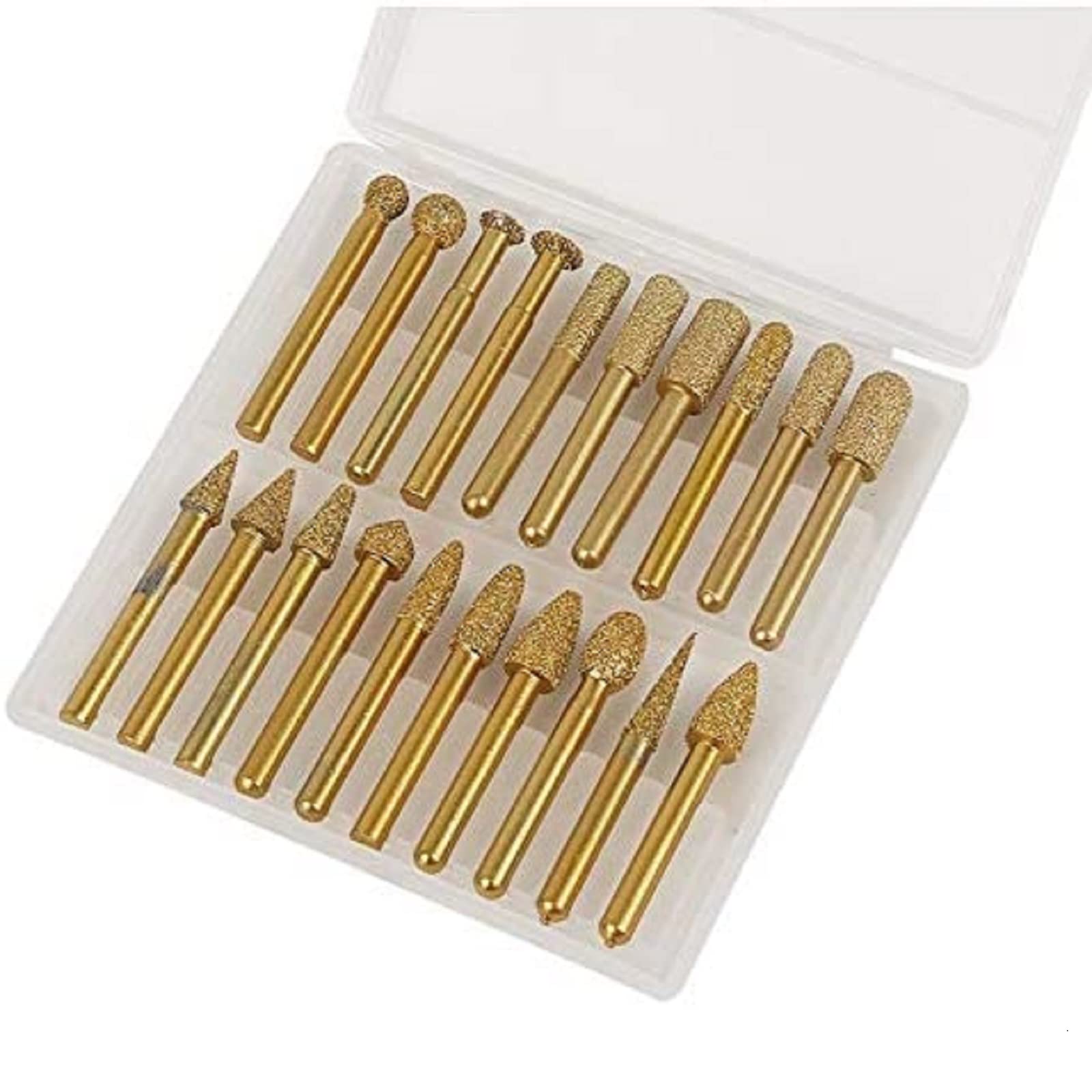 KATSU Diamond Burr Set for Rotary Tool 20PCs 6mm Shank Die Grinder Electro Plated Diamond Burr Drill Bits Set Coarse Grit #46 for Engraving Carving Grinding Polishing Sanding 124303