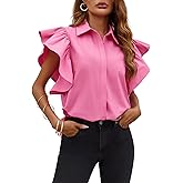 Tankaneo Womens Ruffle Button Down Shirts Cute Summer Short Sleeve Tops Blouse