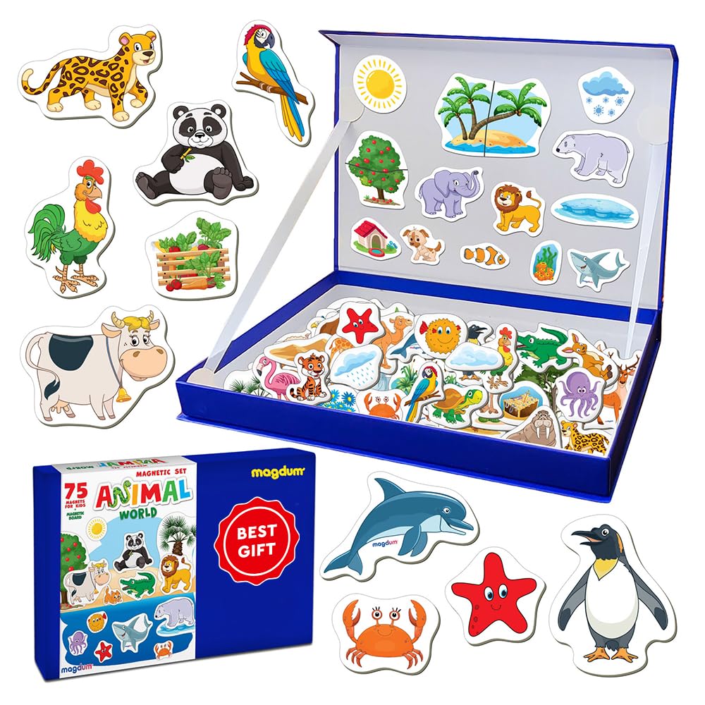 MAGDUM Big Animal Magnetic Book - 75 Piece Fridge Magnets for Kids - Educational Animal Gift for Boys or Girls