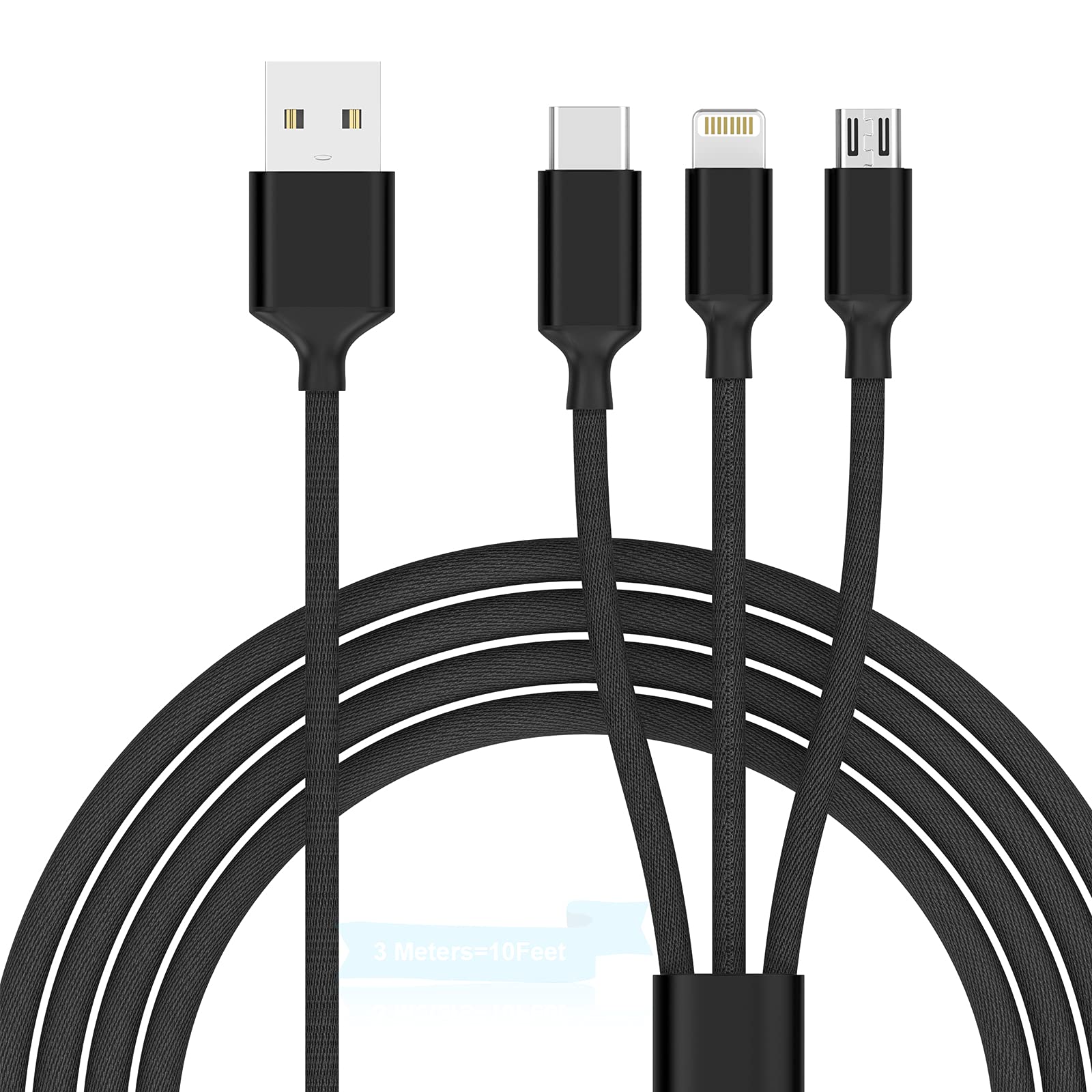 Multi Function Charger Cable,MTAKYI 3M Nylon Braided 3 in 1 Multiple USB Cable with iPhone Micro USB Type C Connector,Compatible iPhone 15 14 13 12 11 XS 8 7 Android Galaxy S9 S8 S7,Huawei,Xiaomi, LG