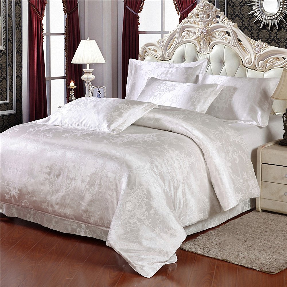 LELVA European Style Silk Floss Satin Jacquard Bedding Sets White Duvet Cover Sets, 4pcs