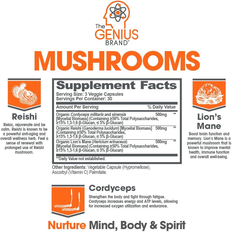 Genius Mushroom – Lions Mane, Cordyceps and Reishi – Immune System Booster & Nootropic Brain Supplement – Wellness Formula for Natural Energy, Stress Relief, Memory & Liver Support, 90 Veggie Pills: Health & Personal Care