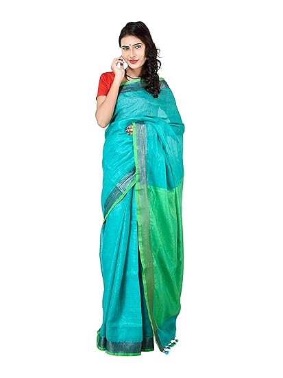 Womens Linen Saree With Blouse Piece (Green-101_Green)