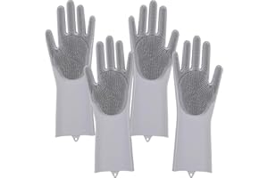 PEOKPIPLE 2 pairs Silicone Dishwashing & Pet Grooming Gloves - 2-in-1 Heat Resistant Gloves with High-Density Teeth, Enhanced Five Finger Design for Bathing, Cleaning Dishes, Cars, Dogs & Cats (Gray)