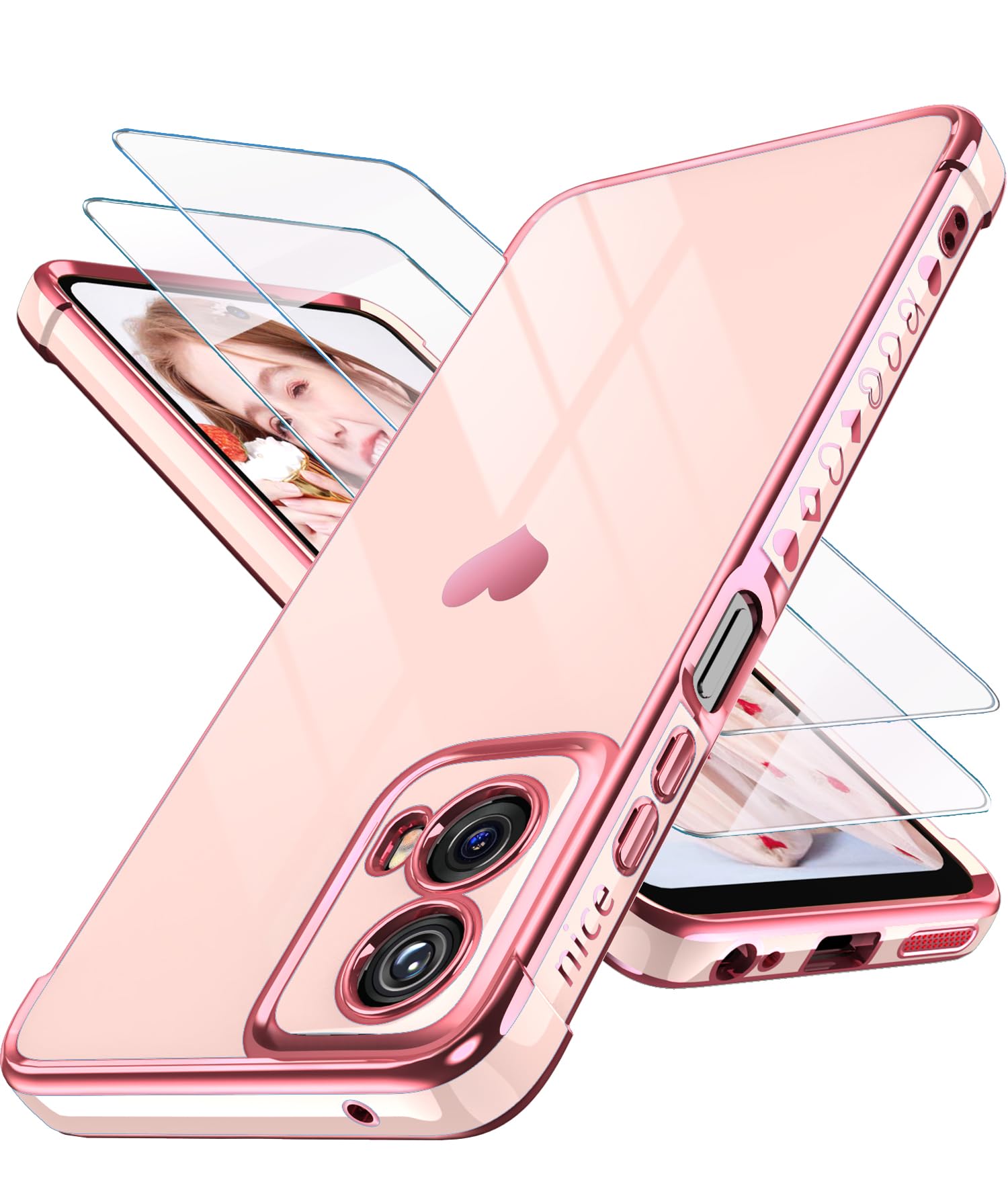 for Motorola Moto-G-5G-2024 Case with 2X Screen Protector, for Girl Women Cute Girly Love-Heart Luxury Gold Soft Cover Camera Protection Bumper Silicone Shockproof Phone Case for Moto G 5G 2024(Pink)