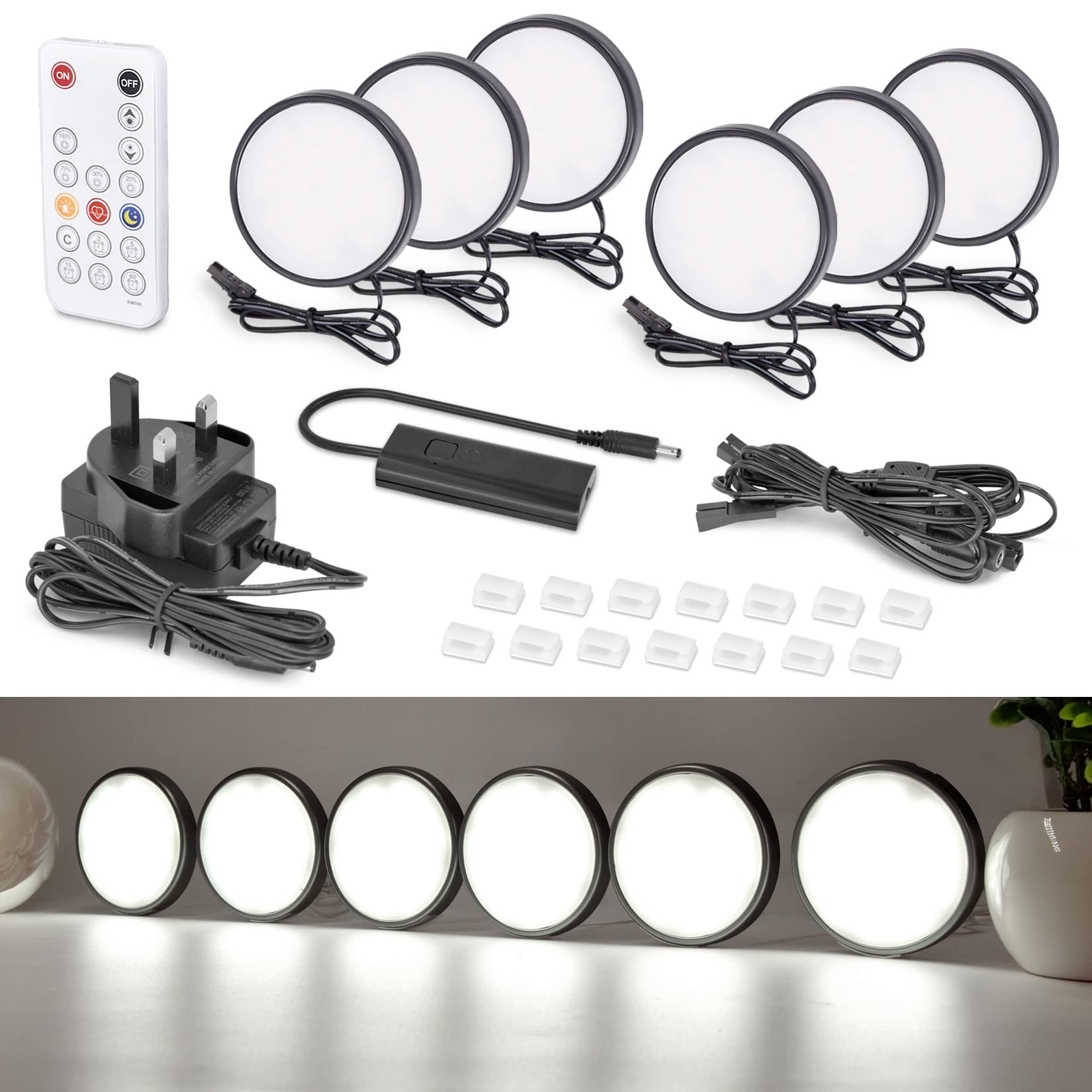 WOBANE Under Counter Lights,Dimmable LED Under Cabinet Lighting,Black LED Puck Lights with Remote Control,9W Display Lights for Cabinet,Kitchen,Shelf,Showcase,Cupboard,Timming,6pack,6000K White