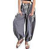 Yinawsky Women Drawstring Striped Pants Loose Wide Leg Casual Lounge Pants with Pockets