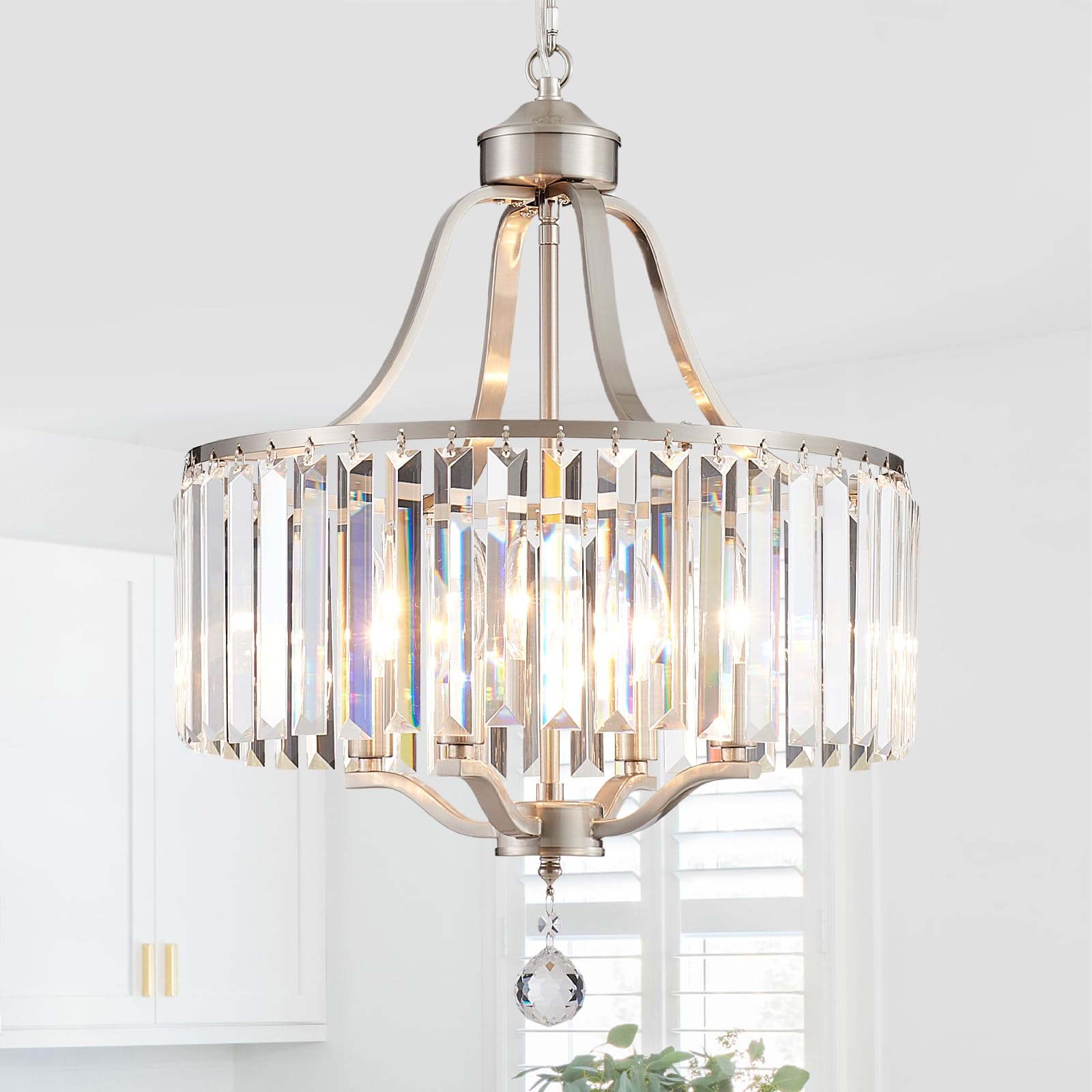 Photo 1 of peskoe Modern Crystal Chandeliers Round 4-Light Large Brushed Nickel Pendant Lighting Fixture for Dining Room Living Room Kitchen Island Bedroom Hallway Hall Foyer, 15.7"